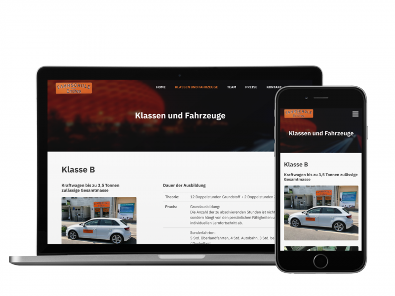 Fahrschul-Website: Ansicht auf Desktop und Mobilbildschirm