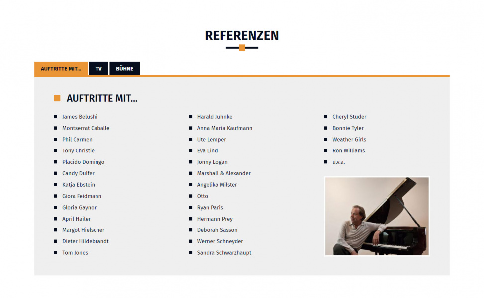 One-Page Website für Musiker: Bereich "Referenzen", mit Tabs gegliedert